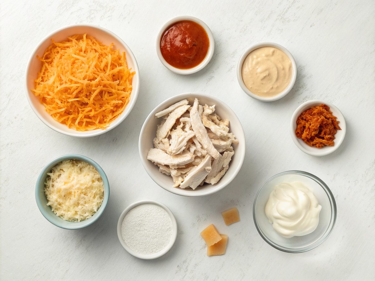 All the ingredients needed to make spicy buffalo chicken dip, including chicken, buffalo sauce, and cheeses.