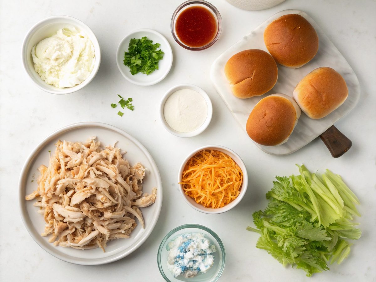 Visual of ingredients needed for spicy buffalo chicken sliders, showcasing the spicy theme.