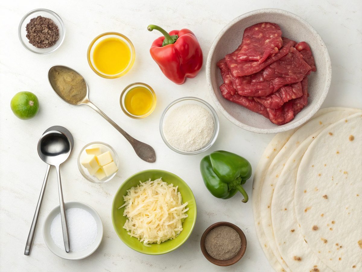 Visual of ingredients for steak fajita quesadillas including bell peppers and cheese