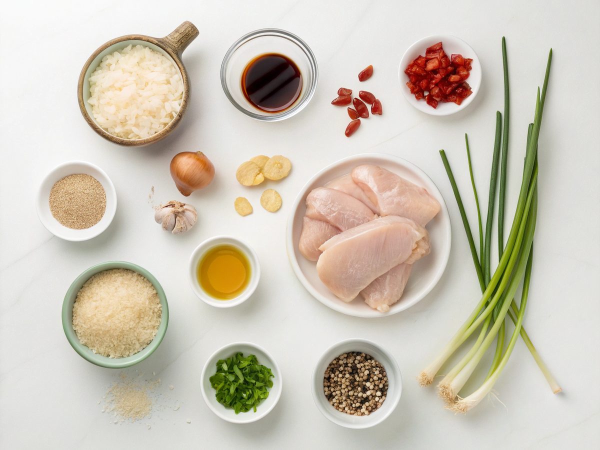 A visual display of ingredients for making sticky chicken rice bowls, including chicken, rice, and various sauces.