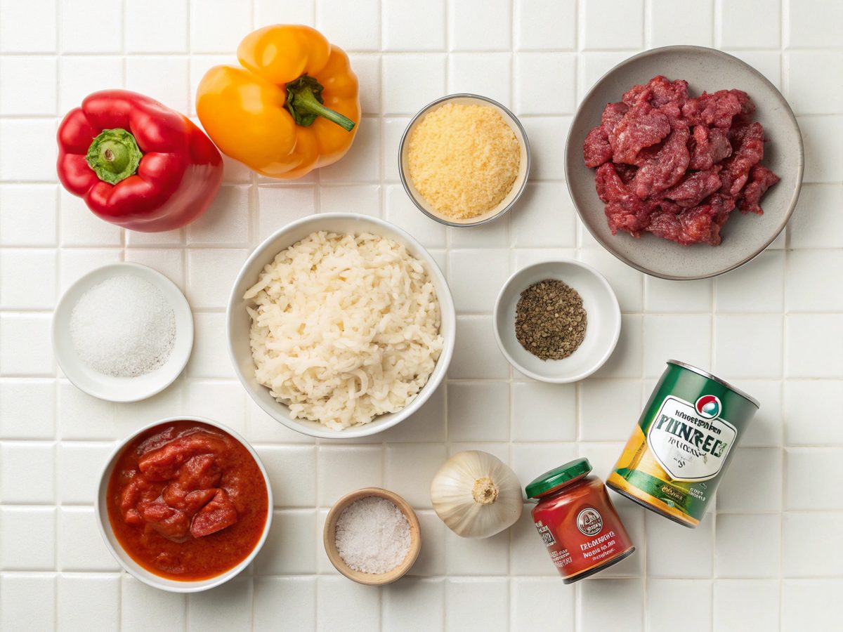 A flat lay of stuffed peppers with ground beef ingredients, including colorful bell peppers and spices.