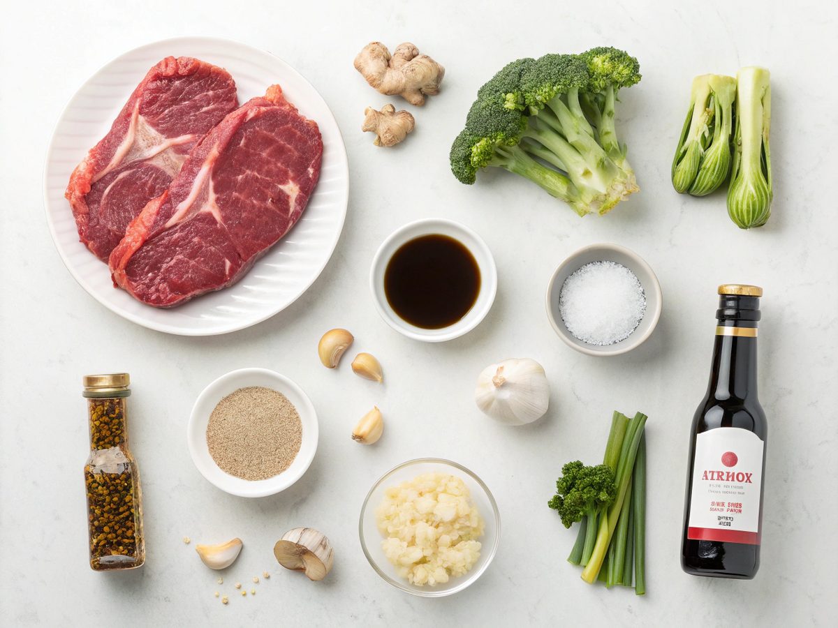 All the fresh ingredients ready to make the tender beef broccoli recipe.