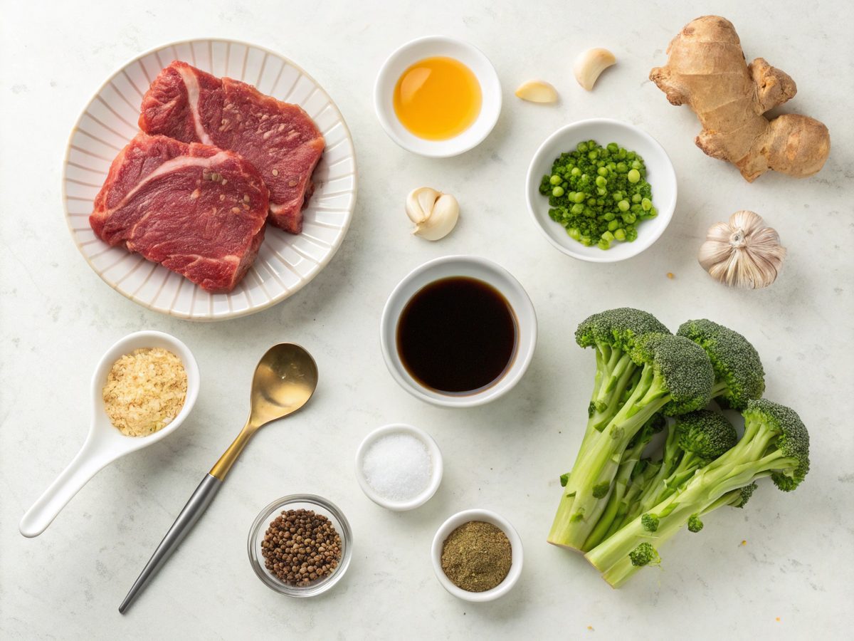 An assortment of ingredients for making Teriyaki Beef Broccoli