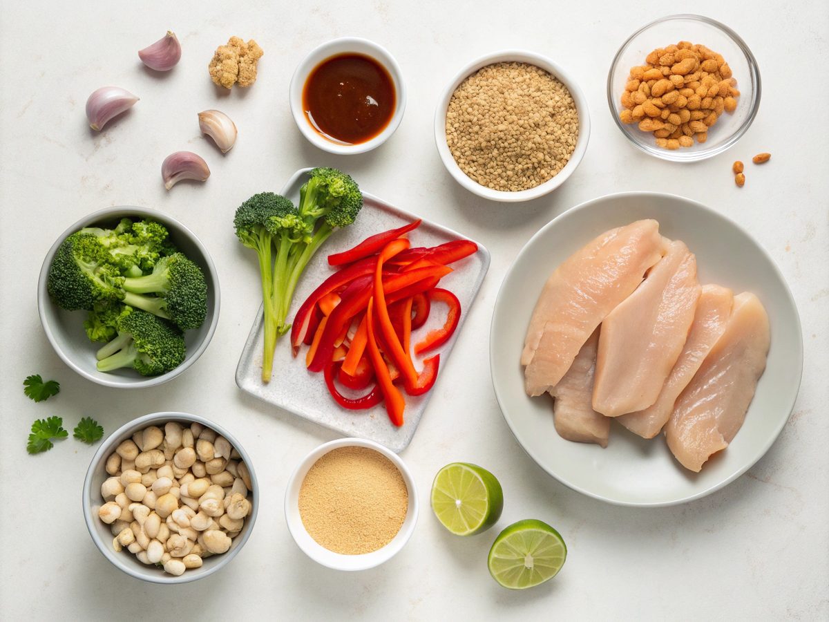 Ingredients for making Thai Peanut Chicken Buddha Bowl, featuring chicken, quinoa, vegetables, and peanut sauce components