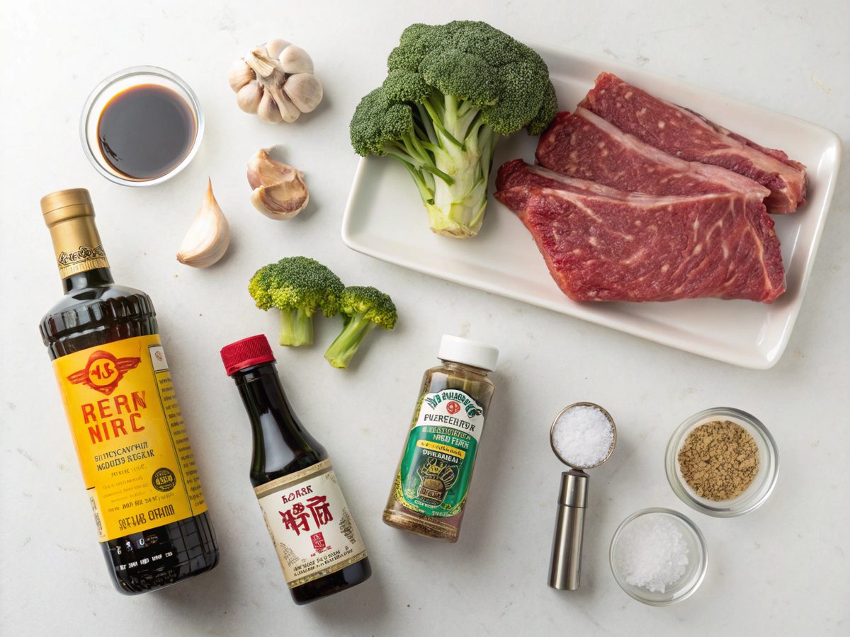 An overhead view of the fresh ingredients for making the best beef broccoli recipe.
