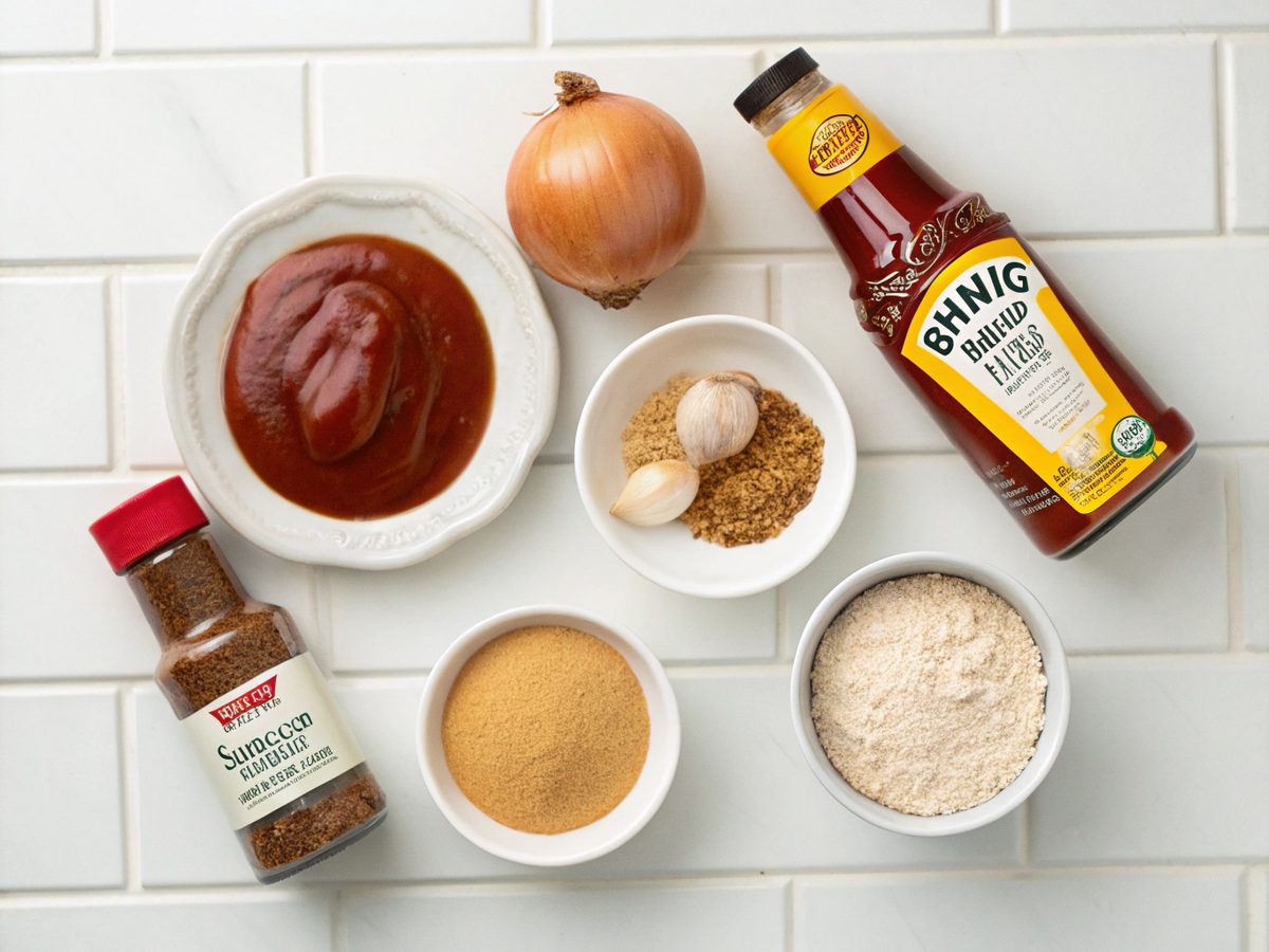 Flat lay of ingredients used for the best meatloaf glaze recipe