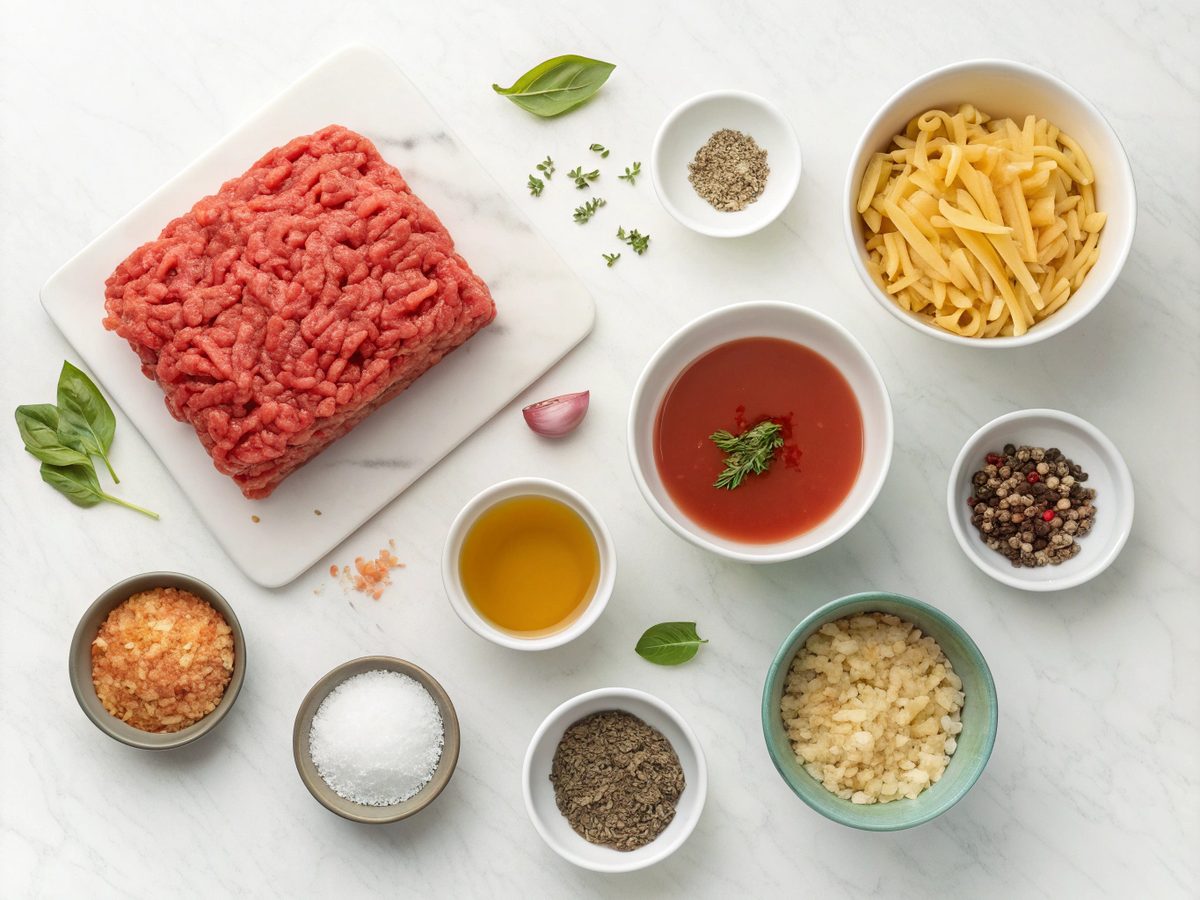 Flat lay image of ingredients needed for the Ground Beef Orzo Recipe.