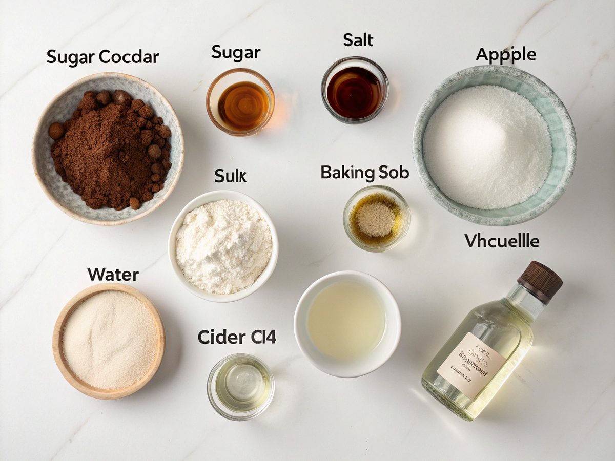 Flat lay of ingredients for vegan chocolate cake, including flour, sugar, cocoa powder.