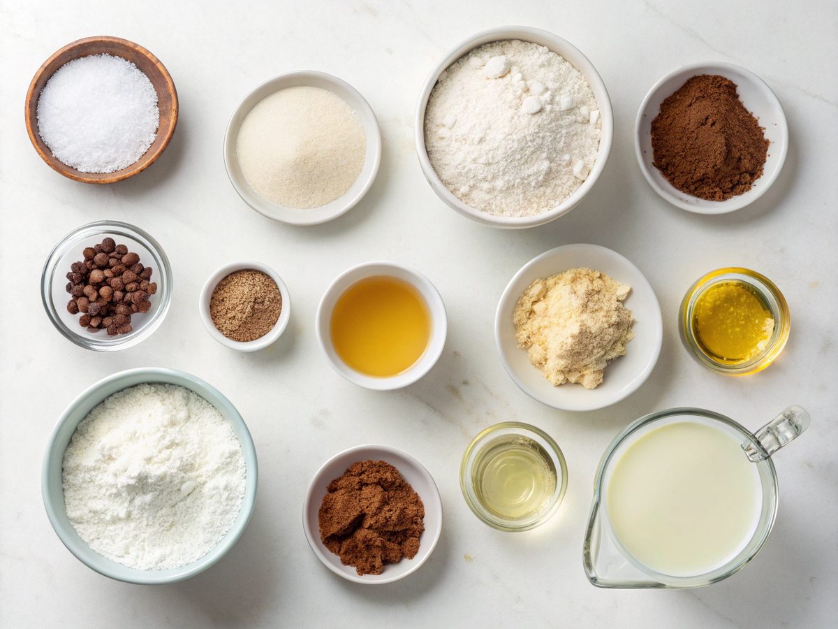 Visual representation of ingredients for making vegan chocolate cake
