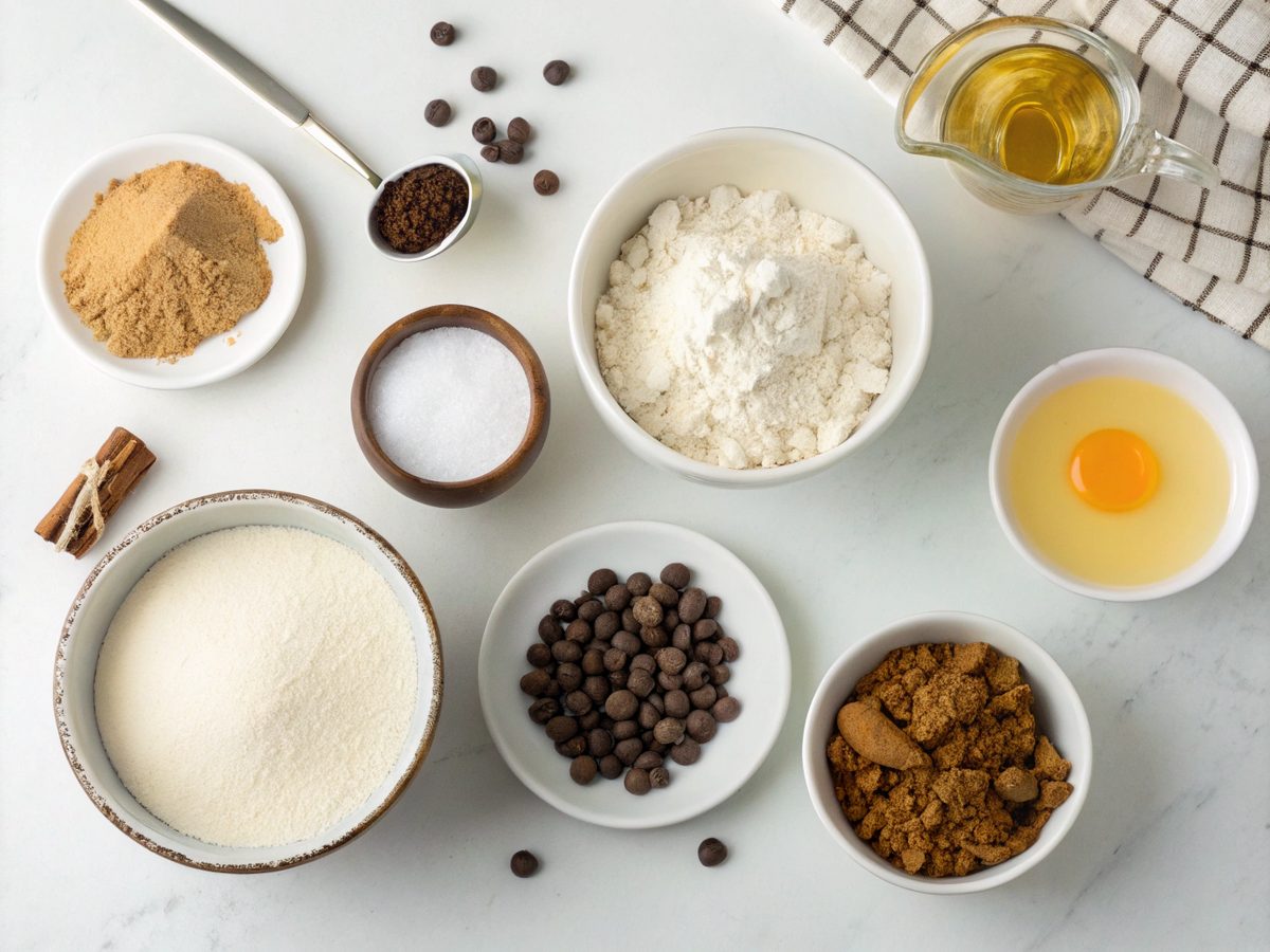Top view of vegan chocolate chip cookie ingredients on a kitchen counter