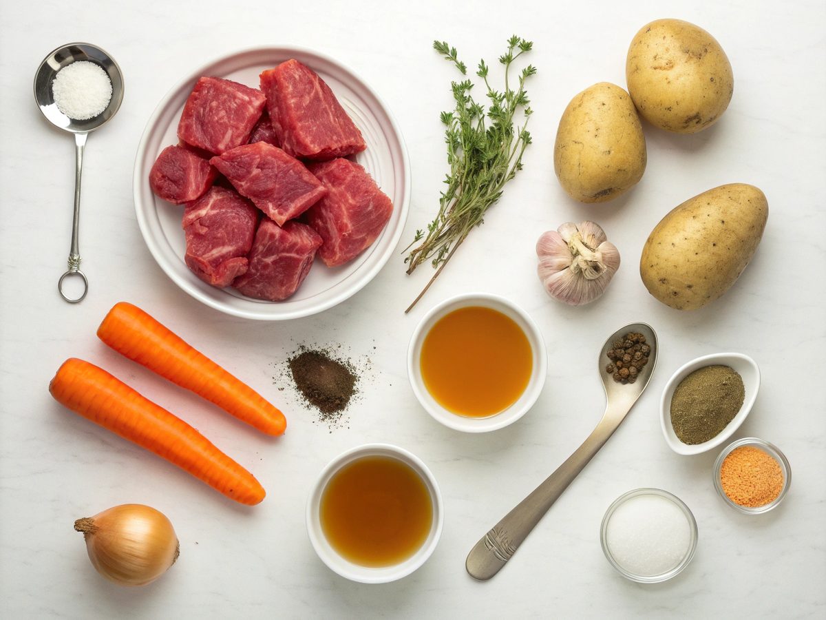 Flat lay of ingredients for Whole 30 chuck roast stew.