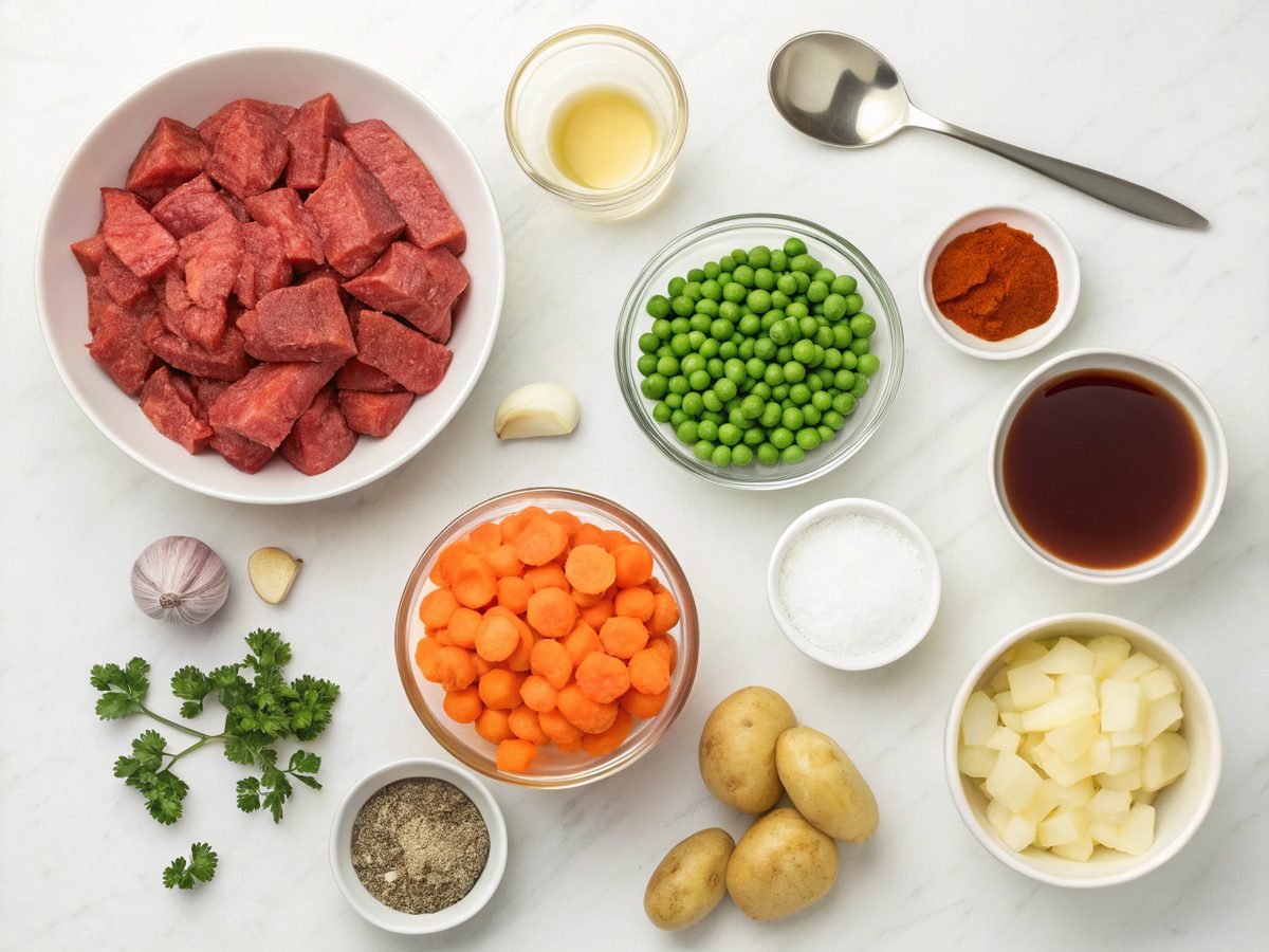 Ingredients for slow cooker beef stew with peas listed on a kitchen counter.