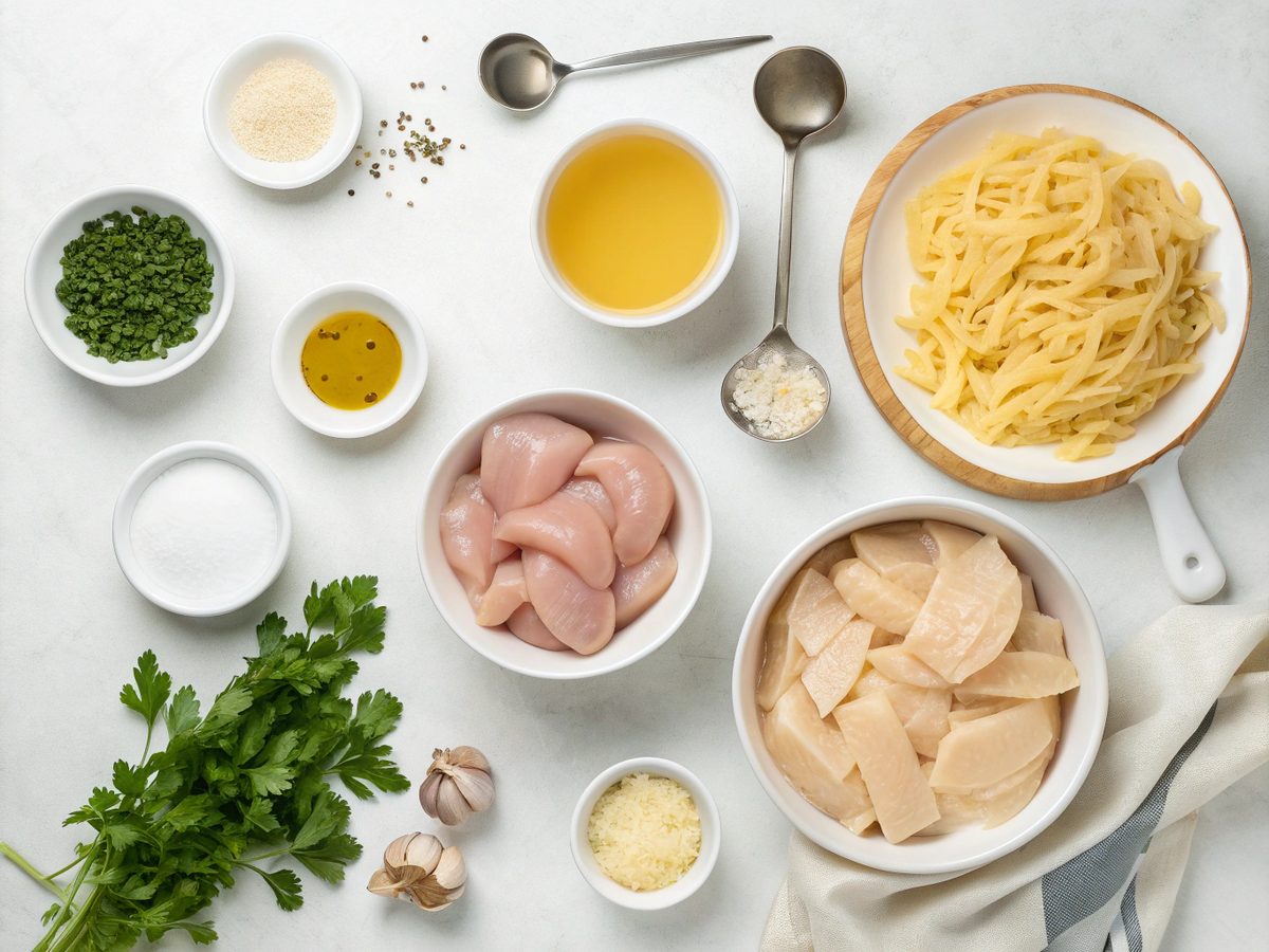 Visual guide and ingredients list for making Instant Pot Chicken Alfredo