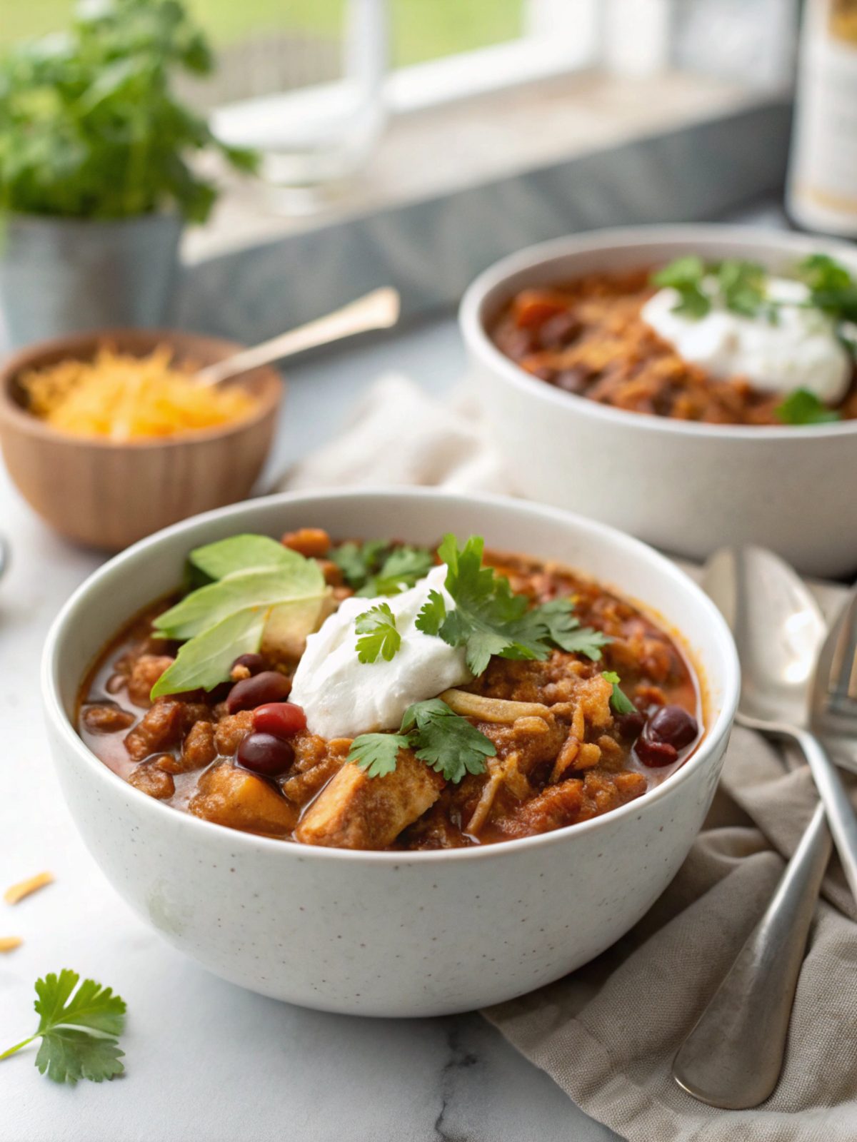 Featured image of Instant Pot Chicken Chili served in a bowl