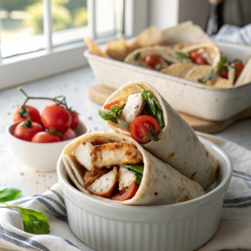 Delicious Air Fryer Chicken Mozzarella Wraps, perfectly cooked and ready to eat.