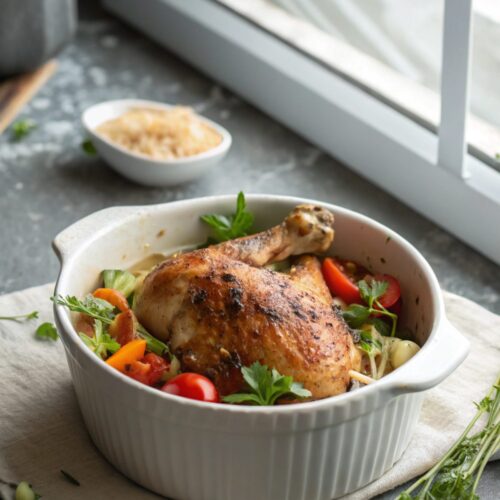 SEO-friendly alt text describing baked chicken thighs served on a white plate.