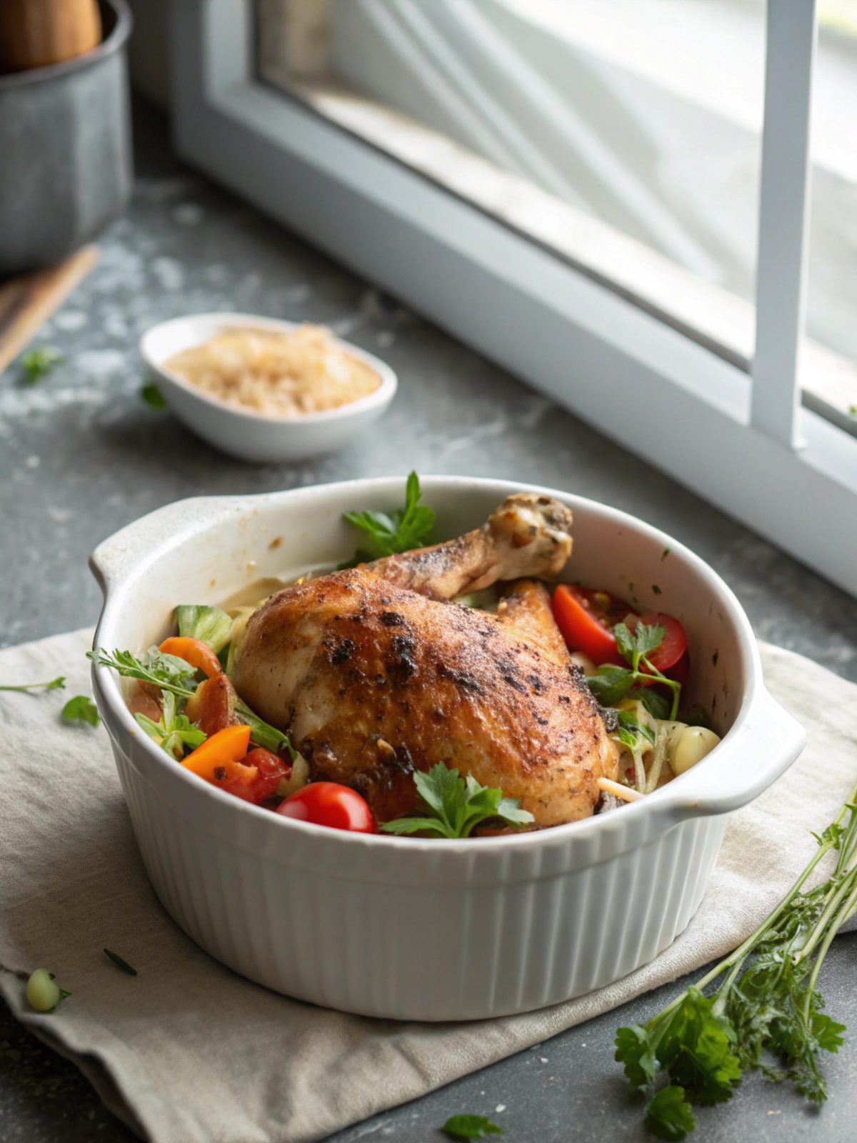 SEO-friendly alt text describing baked chicken thighs served on a white plate.