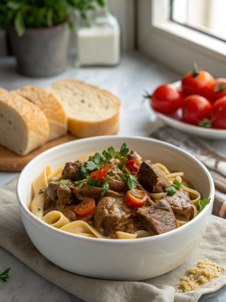 Beef Stroganoff with beef tips served beautifully in a bowl.