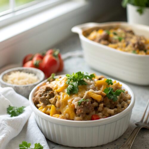 Close-up of Cheesy Hamburger Rice Casserole with a glossy finish
