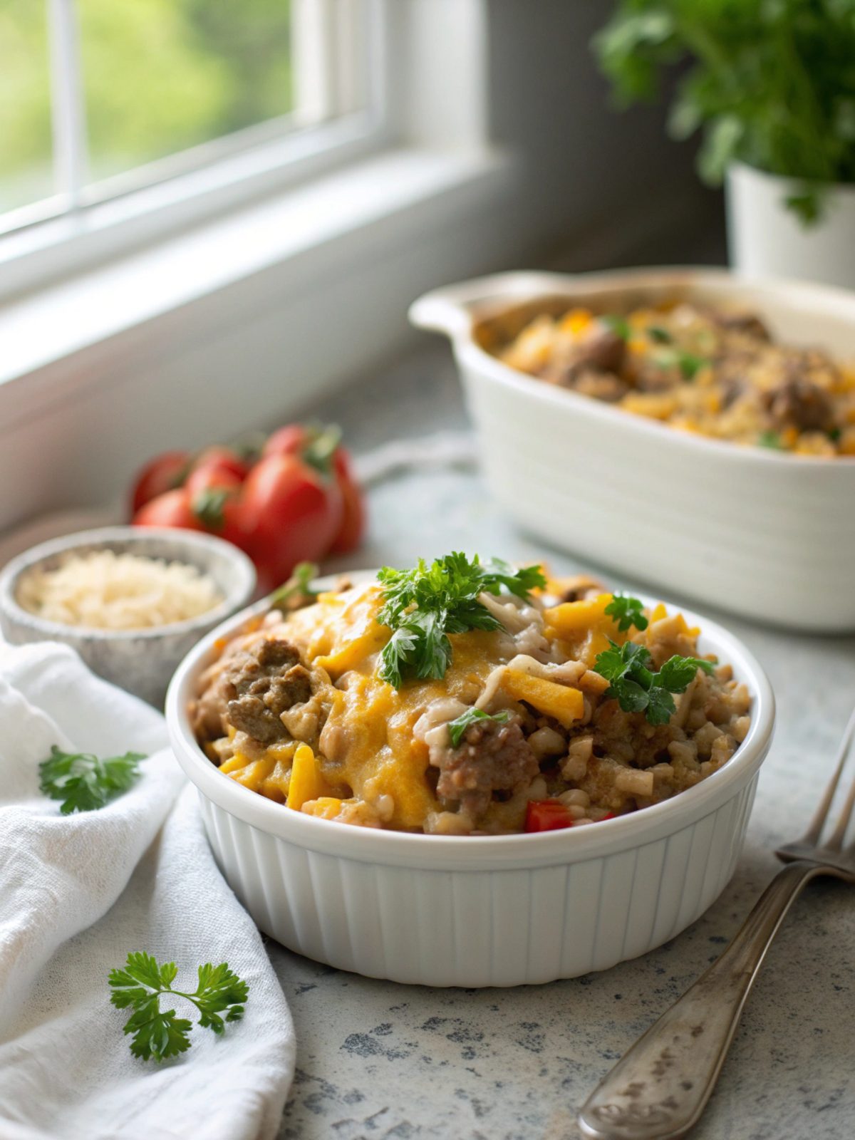Close-up of Cheesy Hamburger Rice Casserole with a glossy finish