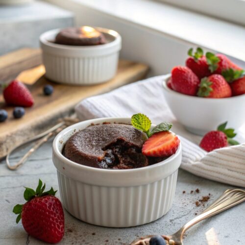 A delicious chocolate lava cake with a molten center, served on a white plate.