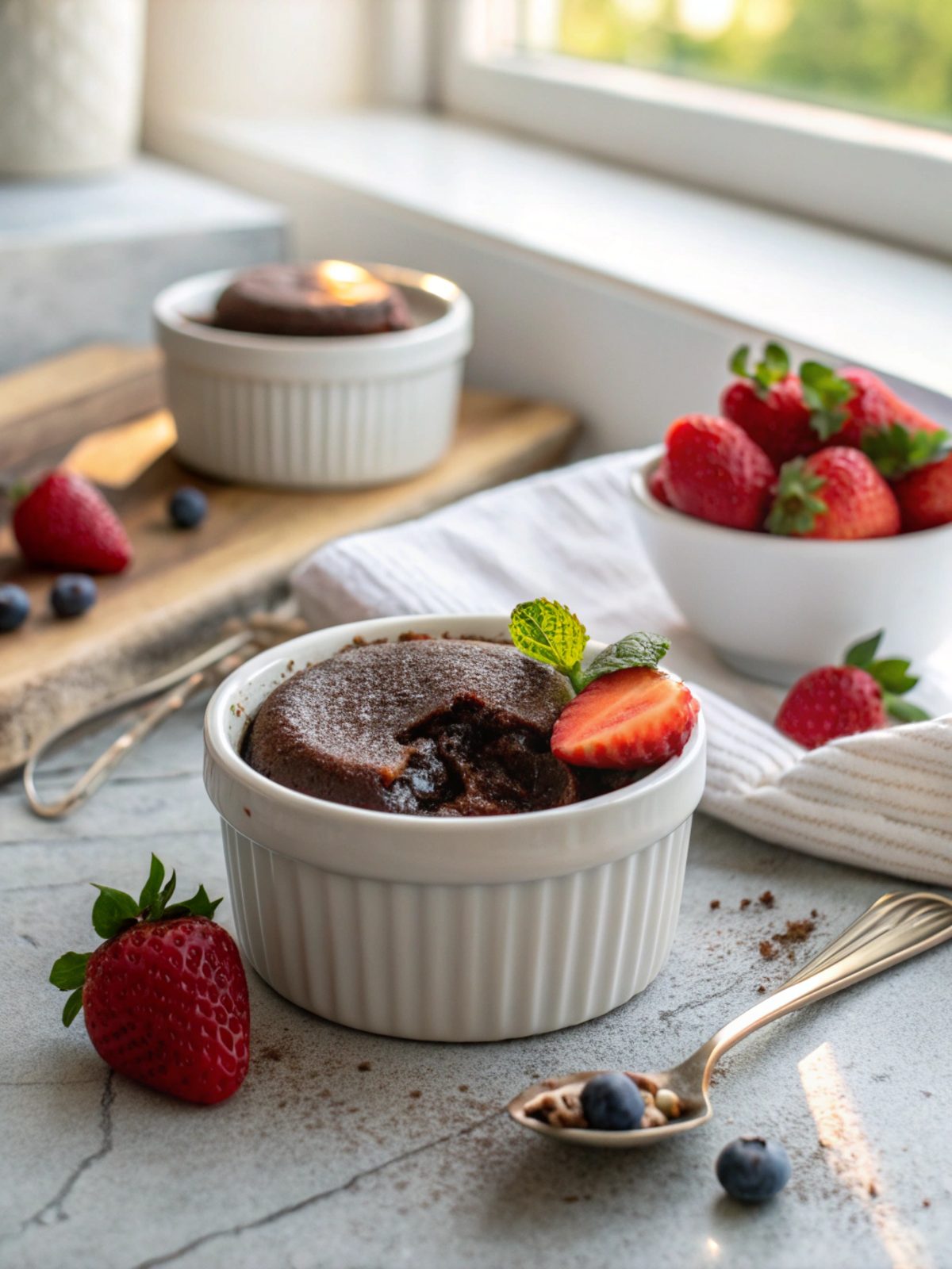 A delicious chocolate lava cake with a molten center, served on a white plate.