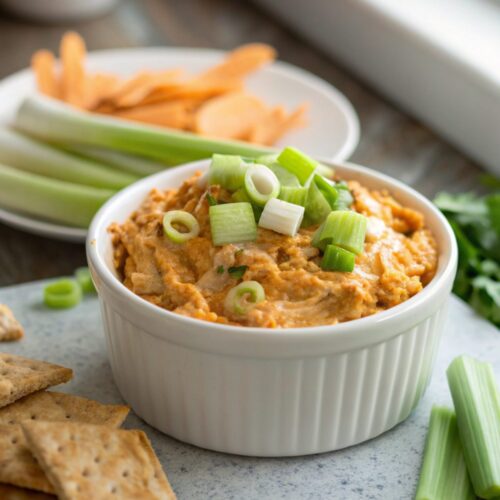 Delicious Crock Pot Buffalo Chicken Dip ready to serve.