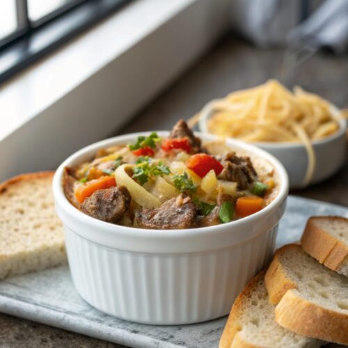 Deliciously photographed hobo casserole recipe serving, close-up.