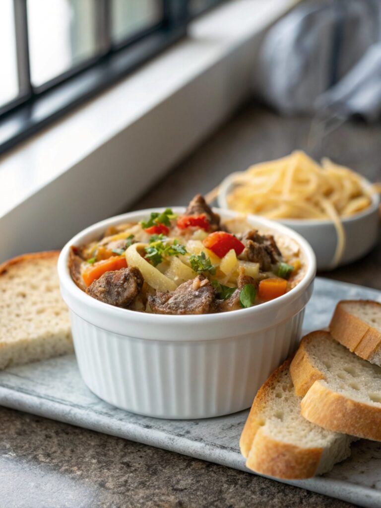 Deliciously photographed hobo casserole recipe serving, close-up.