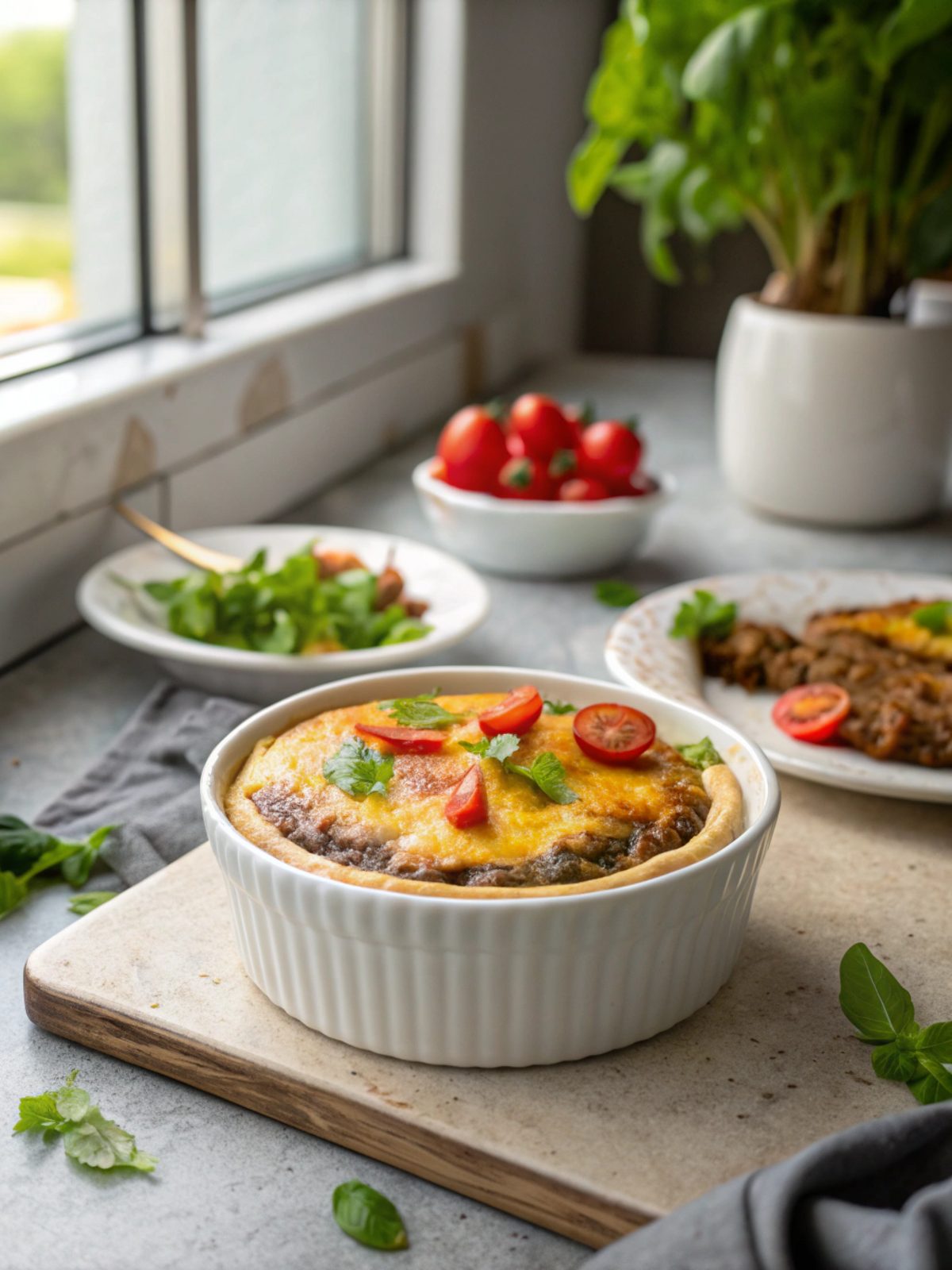 A delicious, savory homemade cheeseburger pie served hot.