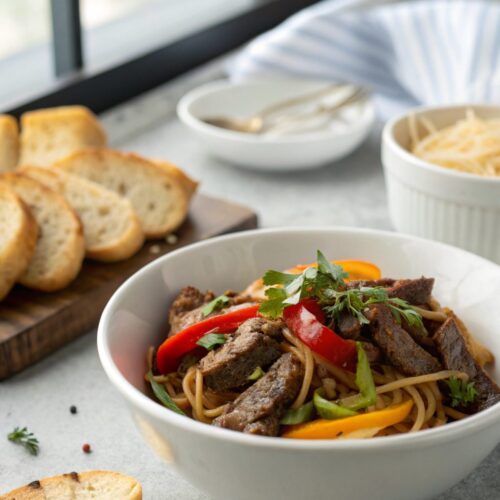 A delectable plate of pepper steak recipe, featuring juicy steak and vibrant bell peppers.