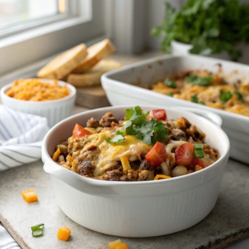 A close-up of the mouthwatering Cowboy Casserole, fresh out of the oven