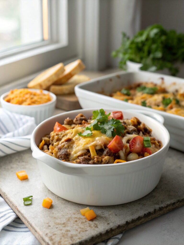 A close-up of the mouthwatering Cowboy Casserole, fresh out of the oven
