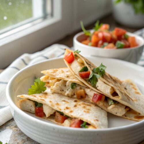 A close-up view of a chicken ranch quesadilla served with garnish