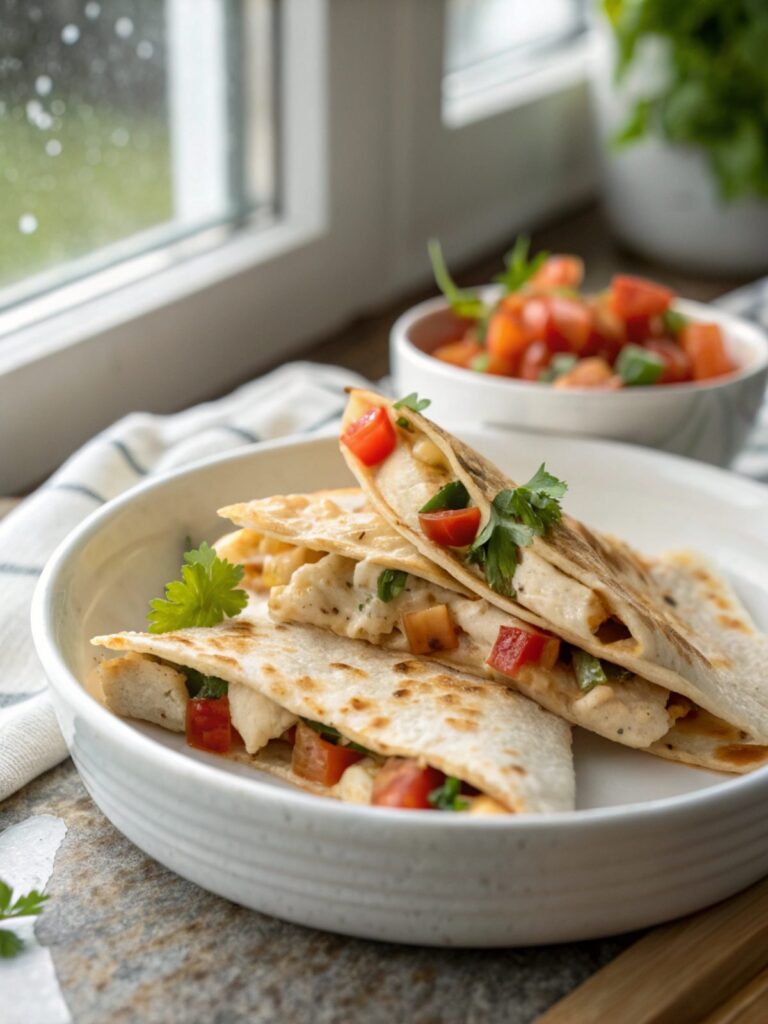 A close-up view of a chicken ranch quesadilla served with garnish