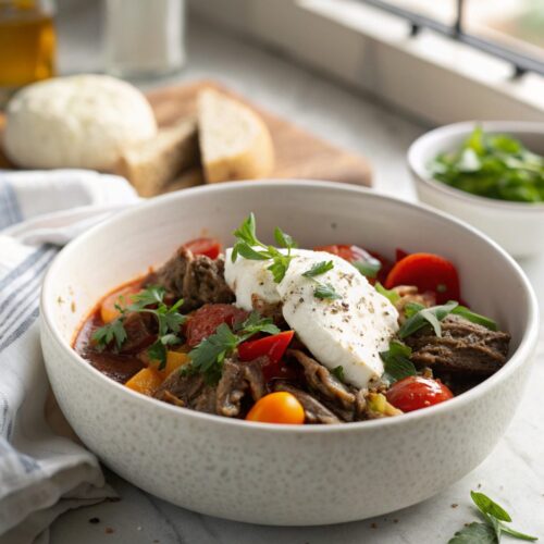 Italian Pot Roast Straccato beautifully plated, showcasing beef and vegetables