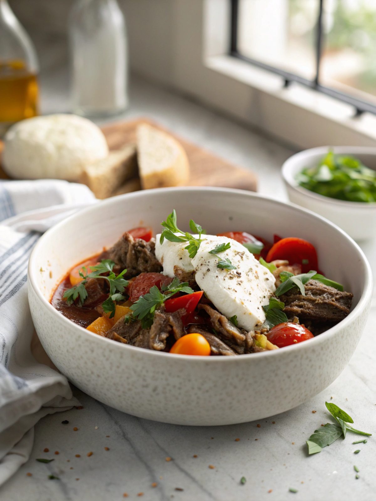 Italian Pot Roast Straccato beautifully plated, showcasing beef and vegetables