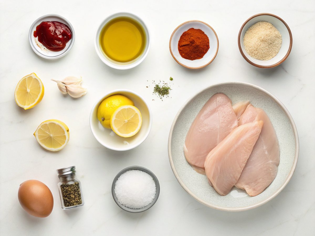 Setup of juicy bbq chicken breast ingredients on a kitchen table.