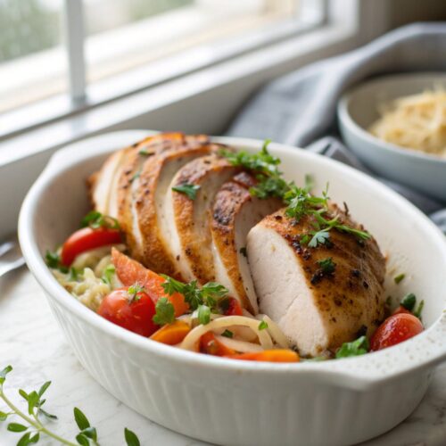 Juicy oven baked chicken breast served on a plate.