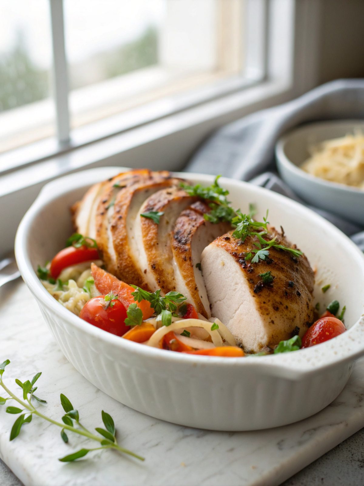 Juicy oven baked chicken breast served on a plate.