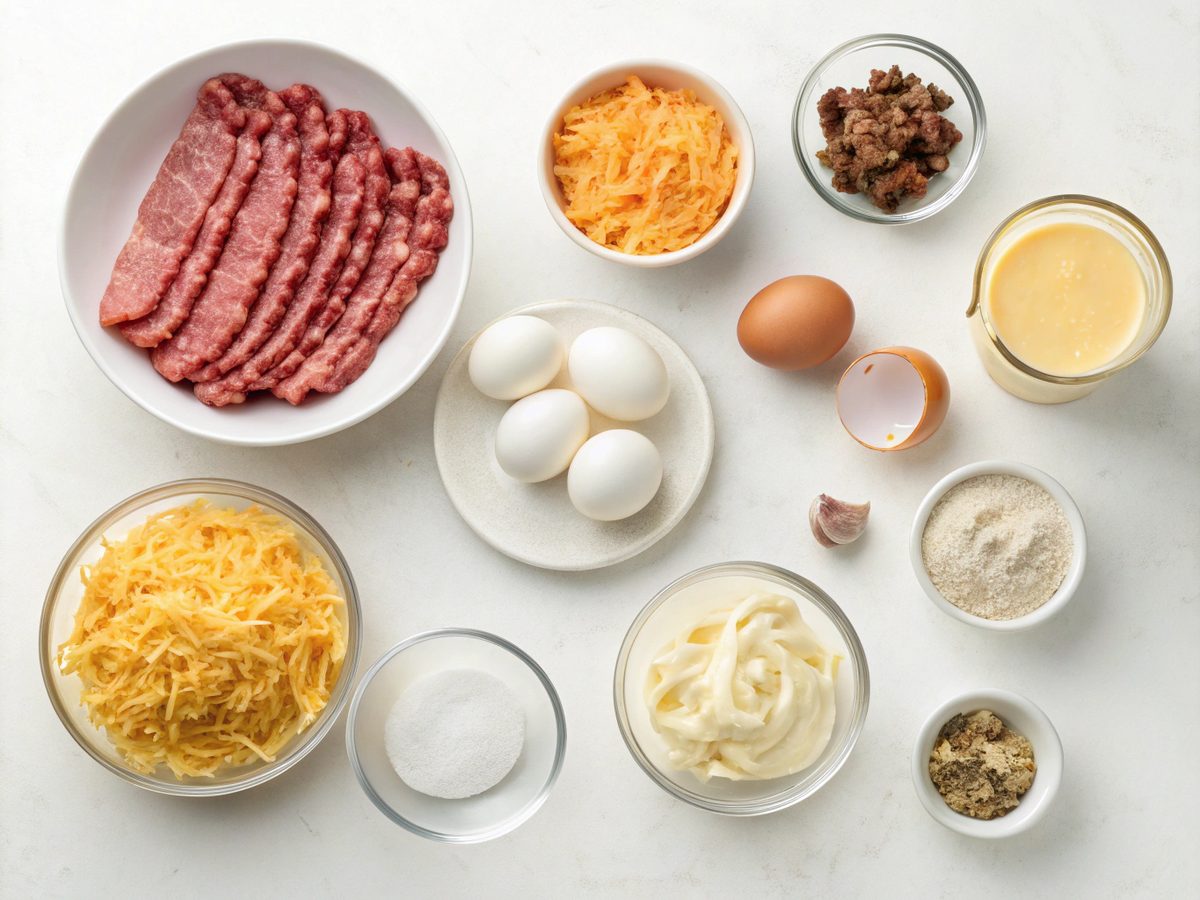 Flat lay of ingredients for keto bacon cheeseburger casserole