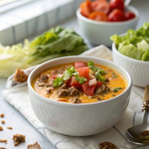 Featured image of keto cheeseburger soup, a low-carb delight.