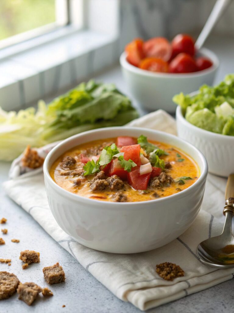 Featured image of keto cheeseburger soup, a low-carb delight.