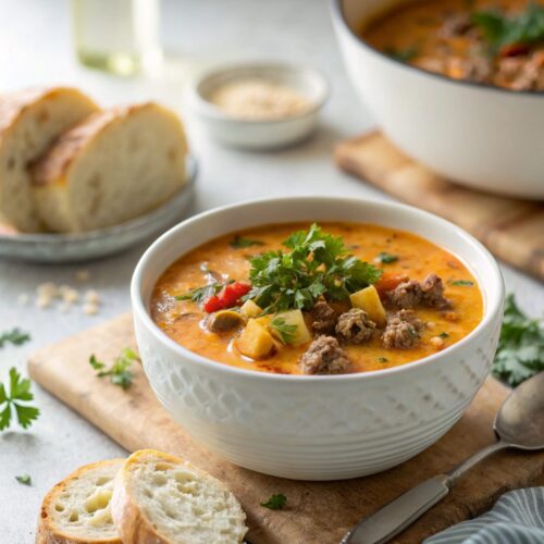 A close-up of a bowl of keto cheeseburger soup with garnishes