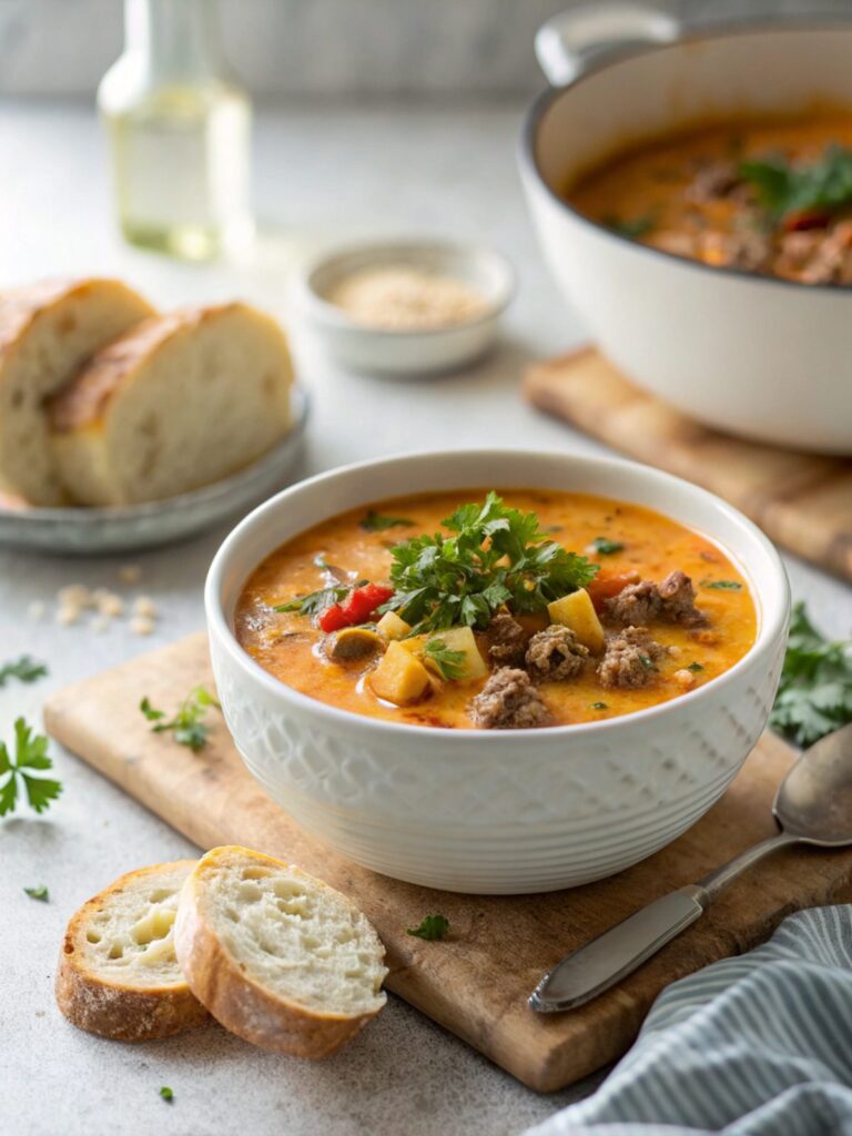 A close-up of a bowl of keto cheeseburger soup with garnishes
