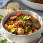 An appetizing bowl of Keto Sausage and Vegetable Crockpot Stew topped with fresh herbs.