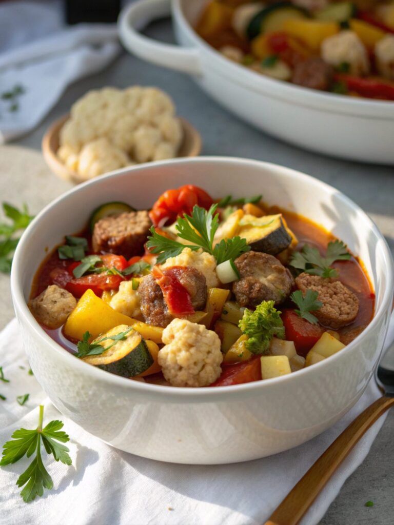 An appetizing bowl of Keto Sausage and Vegetable Crockpot Stew topped with fresh herbs.