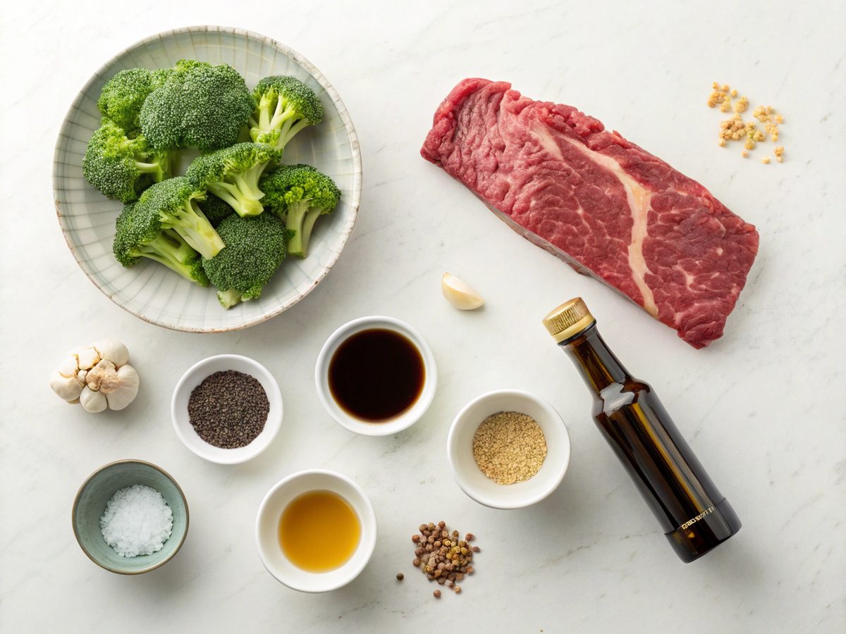 A visually appealing display of key ingredients for the beef and broccoli recipe.