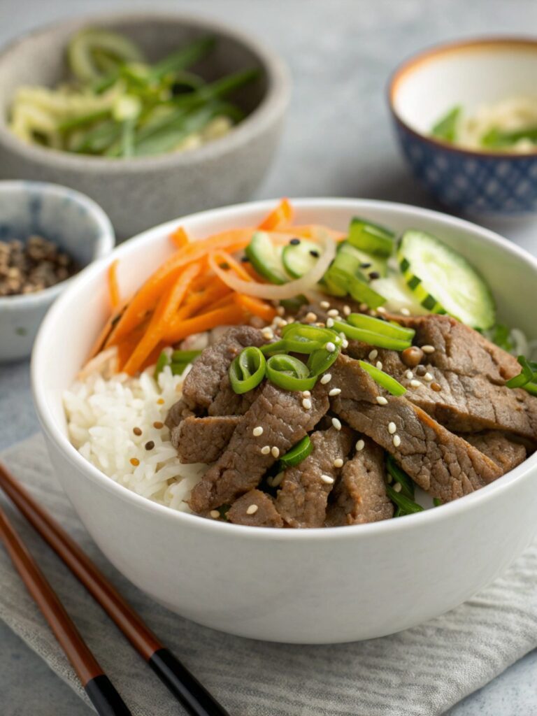 A delicious and vibrant Korean Beef Bowl served with vegetables and rice.