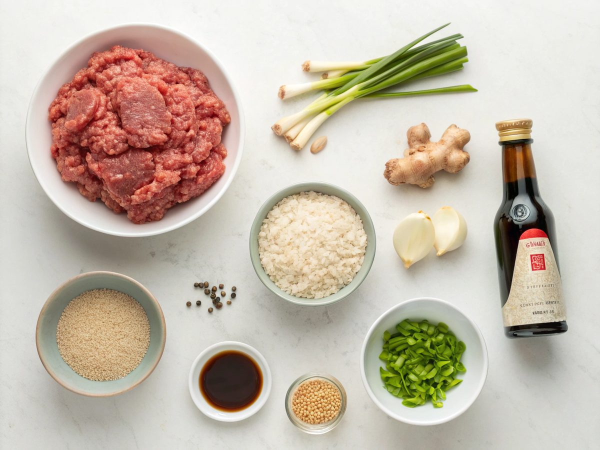 A spread of ingredients needed to make a Korean Beef Bowl, including beef, rice, and soy sauce.